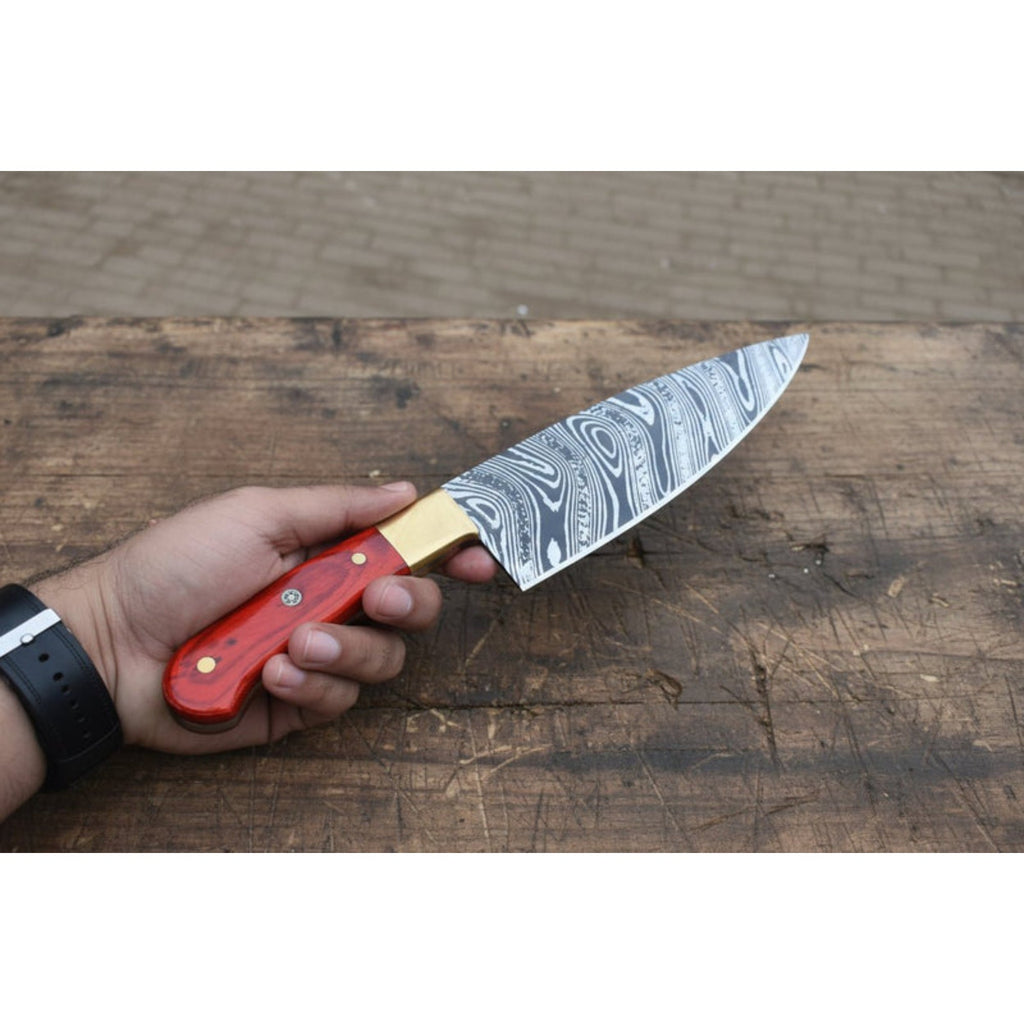 8-Inch Gyuto Chef Knife — Acid-Etched Waisted Stainless Steel Blade with Red Wood Handle — JW SteelCrafts
