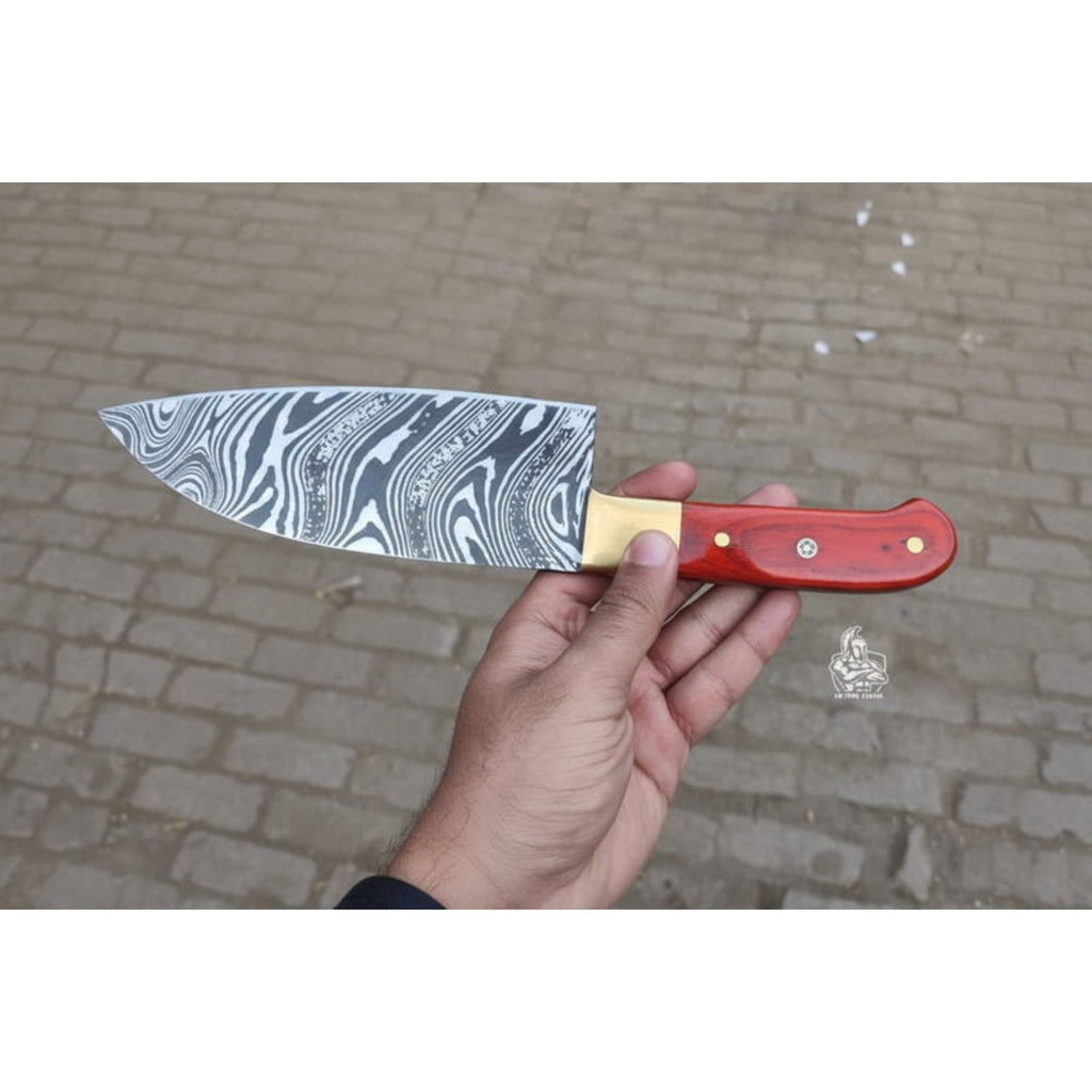 8-Inch Gyuto Chef Knife — Acid-Etched Waisted Stainless Steel Blade with Red Wood Handle — JW SteelCrafts