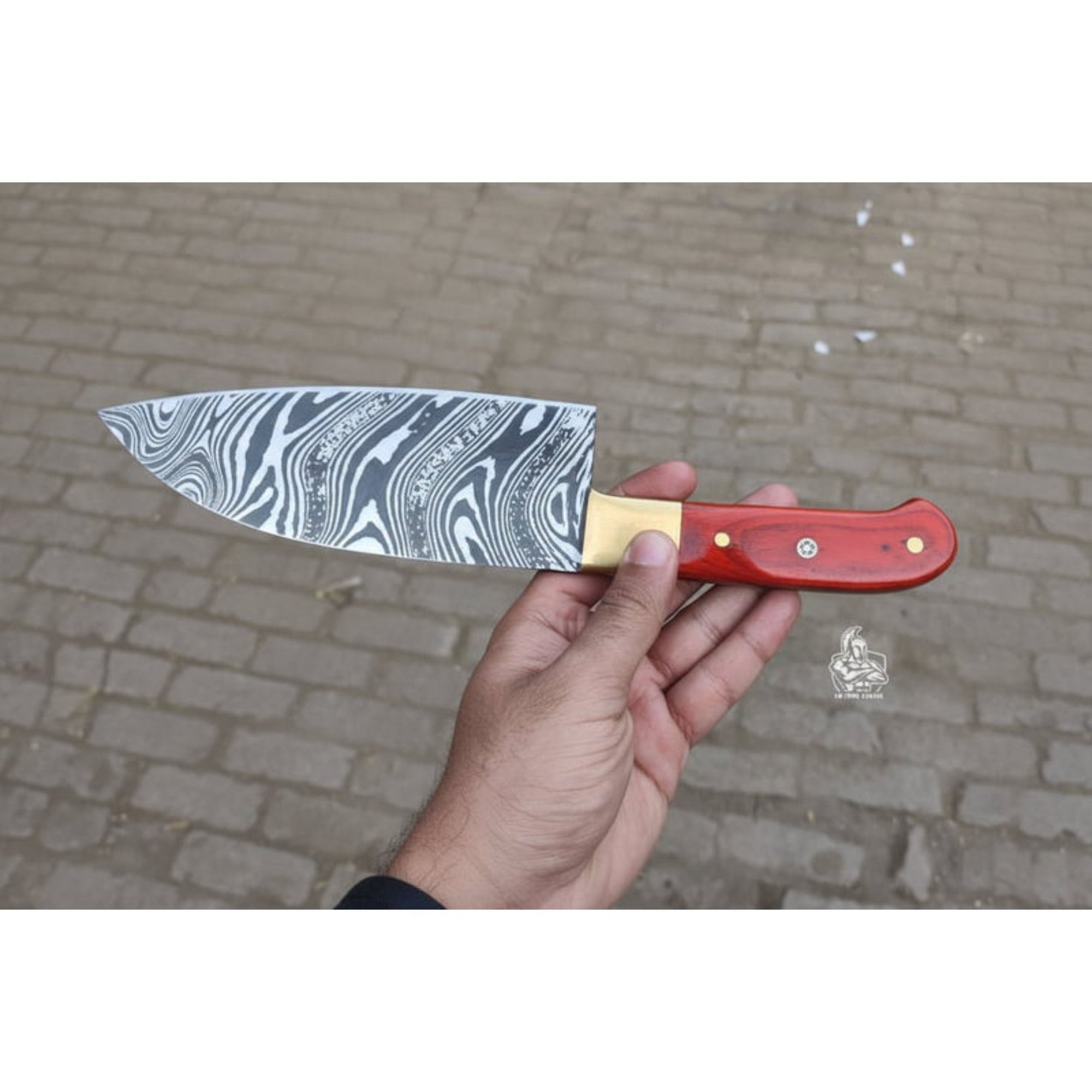 8-Inch Gyuto Chef Knife — Acid-Etched Waisted Stainless Steel Blade with Red Wood Handle — JW SteelCrafts