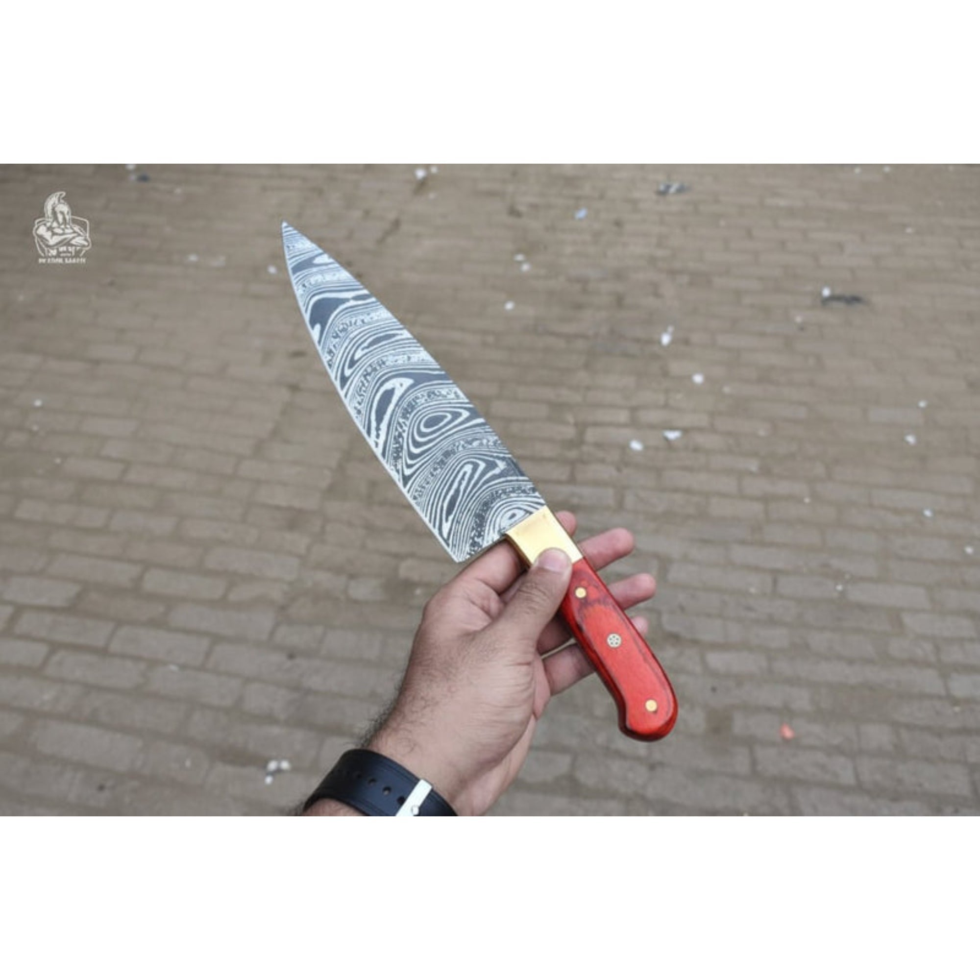 8-Inch Gyuto Chef Knife — Acid-Etched Waisted Stainless Steel Blade with Red Wood Handle — JW SteelCrafts