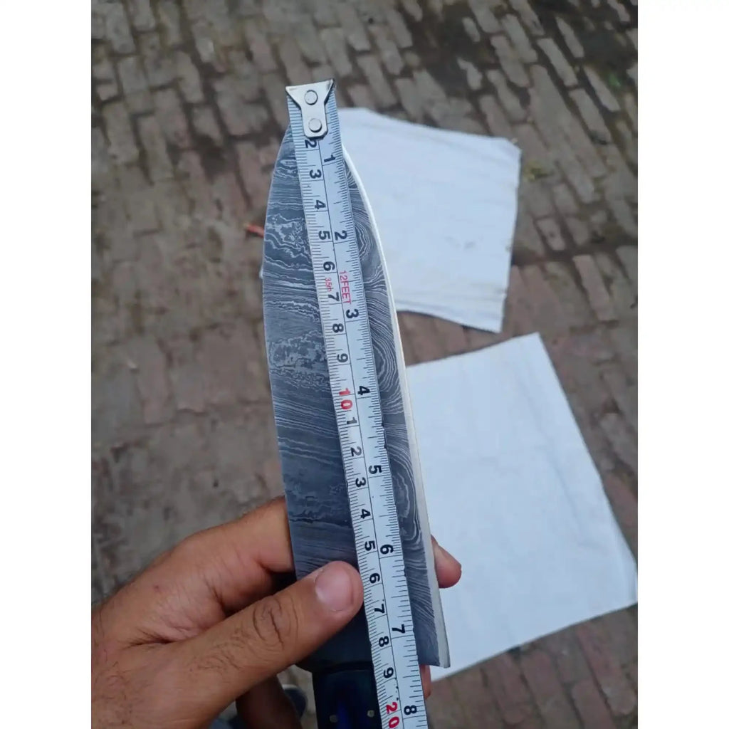 8-Inch Gyuto Chef Knife — Twisted Damascus Blade with Blue & Red Pakka Wood Handle (Full Tang, Hand-Forged)