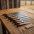 8-Piece Damascus Fillet & Precision Utility Knife Set — Olive Wood/Black Pakka Handles, Steel Bolsters, Full Tang