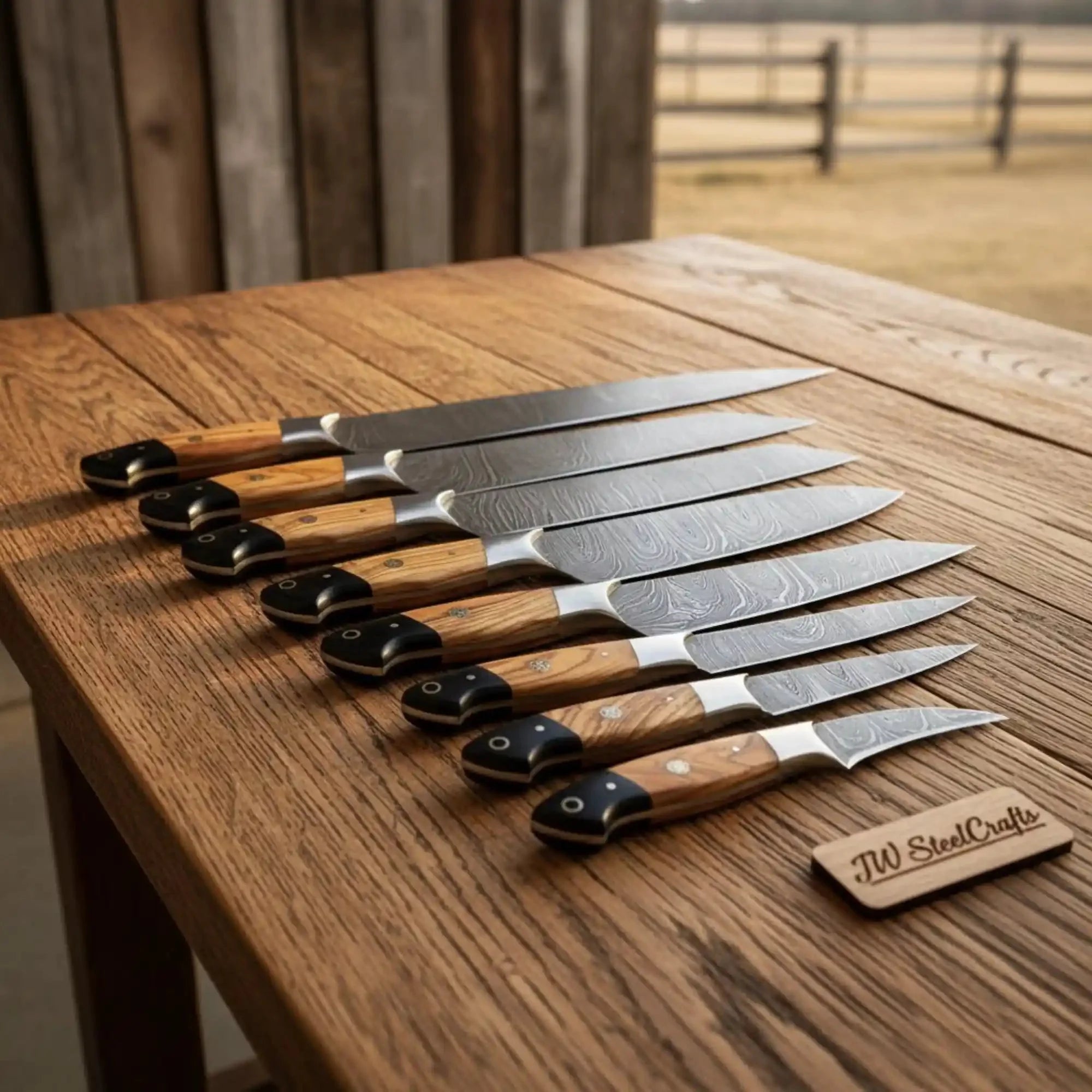 8-Piece Damascus Fillet & Precision Utility Knife Set — Olive Wood/Black Pakka Handles, Steel Bolsters, Full Tang