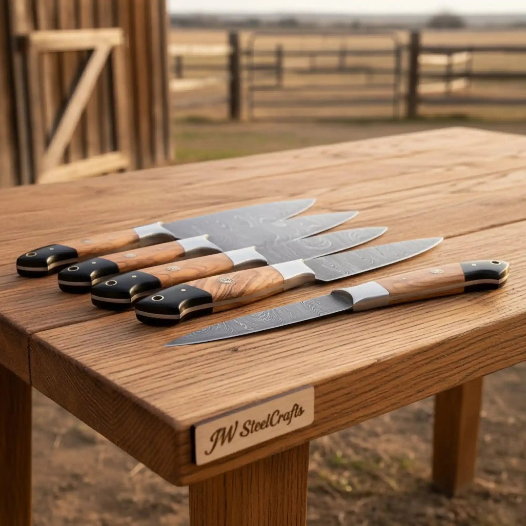 8-Piece Damascus Fillet & Precision Utility Knife Set — Olive Wood/Black Pakka Handles, Steel Bolsters, Full Tang