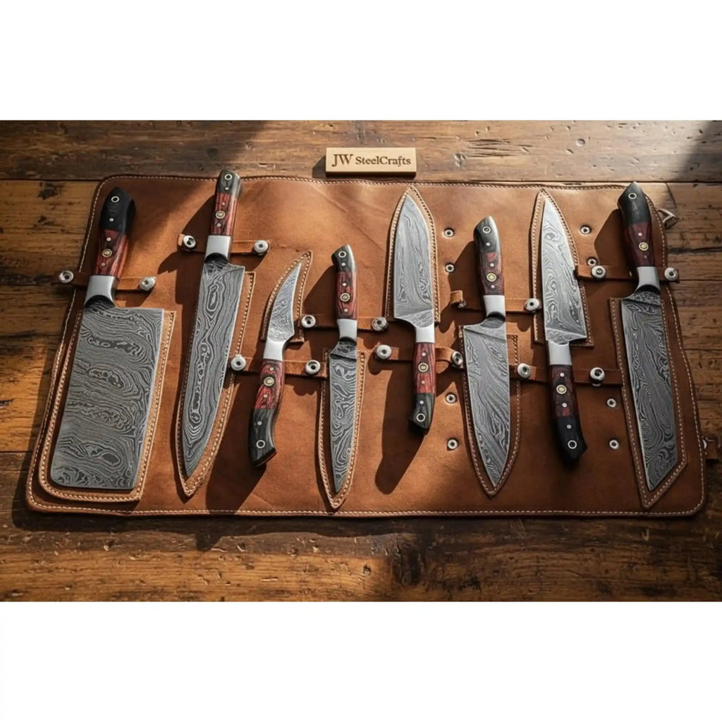 8-Piece Damascus Kitchen Knife Set with Full Tang Blades and Pakka Wood Handles