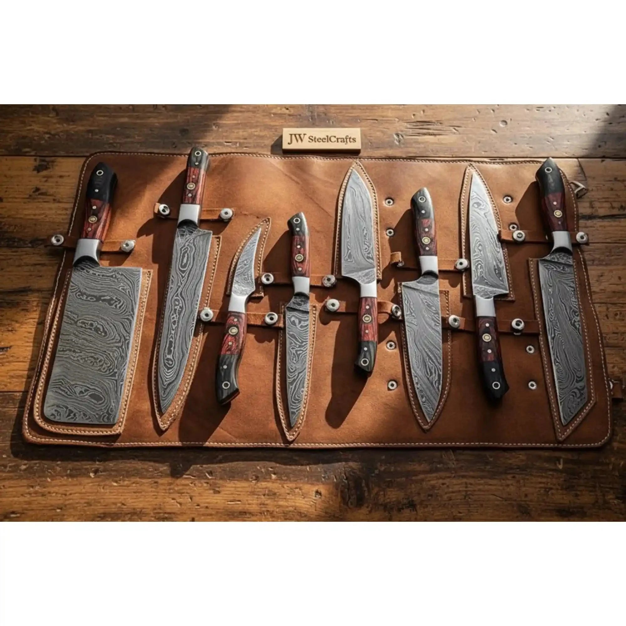 8-Piece Damascus Kitchen Knife Set with Full Tang Blades and Pakka Wood Handles