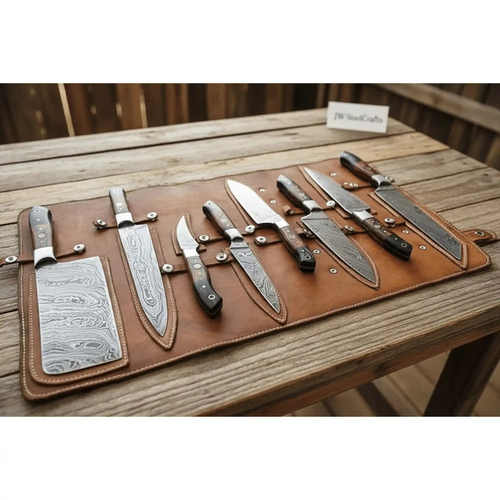 8-Piece Damascus Kitchen Knife Set with Full Tang Blades and Pakka Wood Handles