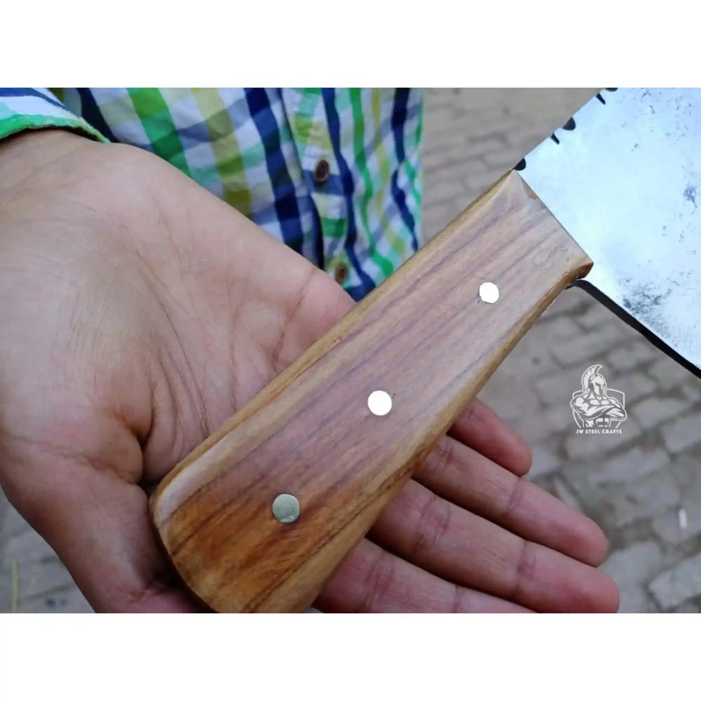 Hand-Forged 9-Inch Kitchen Cleaver with Natural Wood Handle and Filework Spine (14-Inch Overall)
