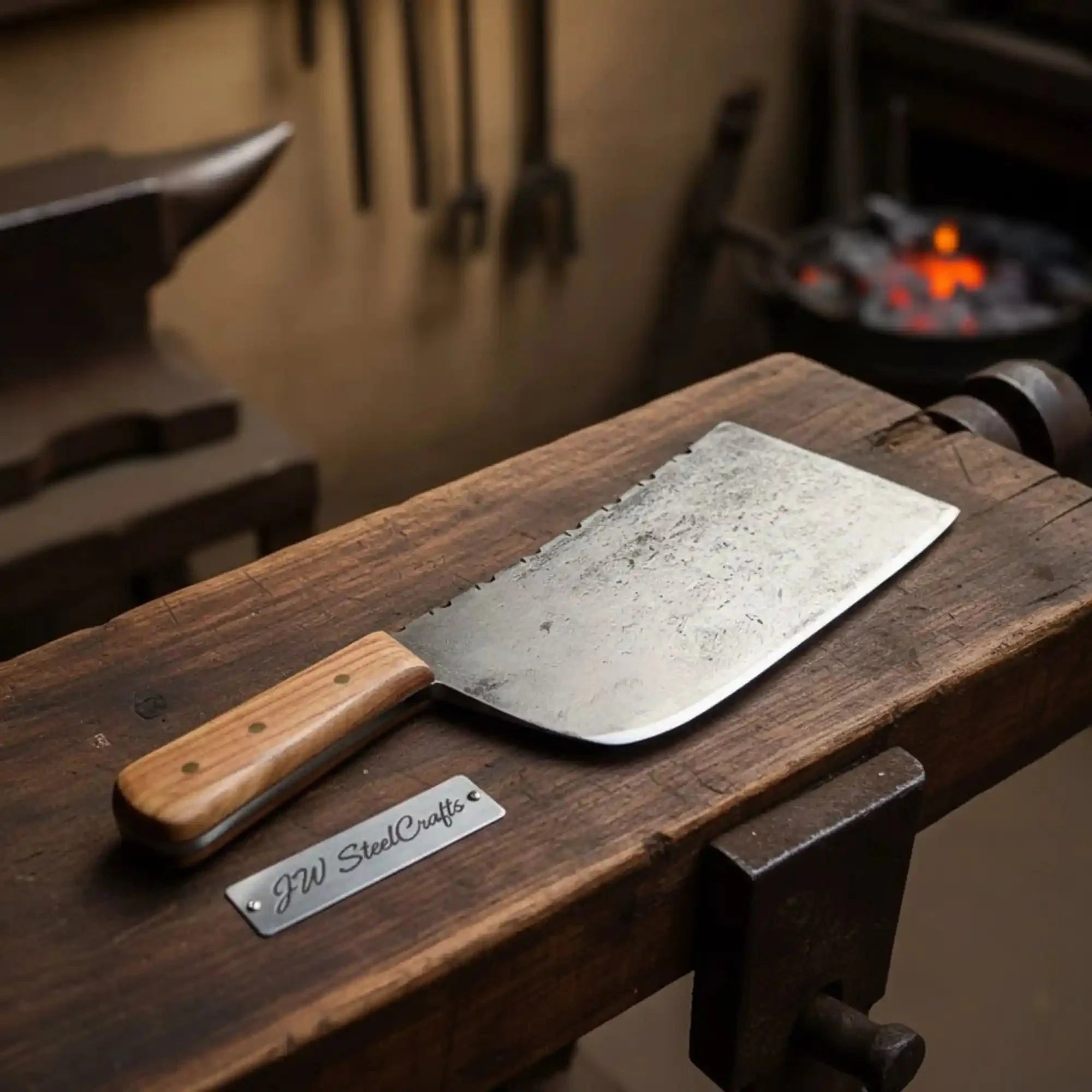Hand-Forged 9-Inch Kitchen Cleaver with Natural Wood Handle and Filework Spine (14-Inch Overall)