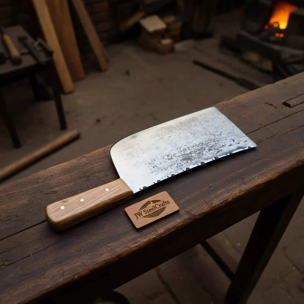Hand-Forged 9-Inch Kitchen Cleaver with Natural Wood Handle and Filework Spine (14-Inch Overall)