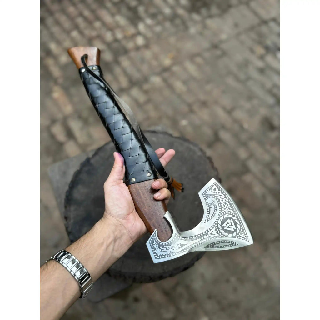 Viking Axe with Leather Wrapped Handle & Engraved Head – JW SteelCrafts