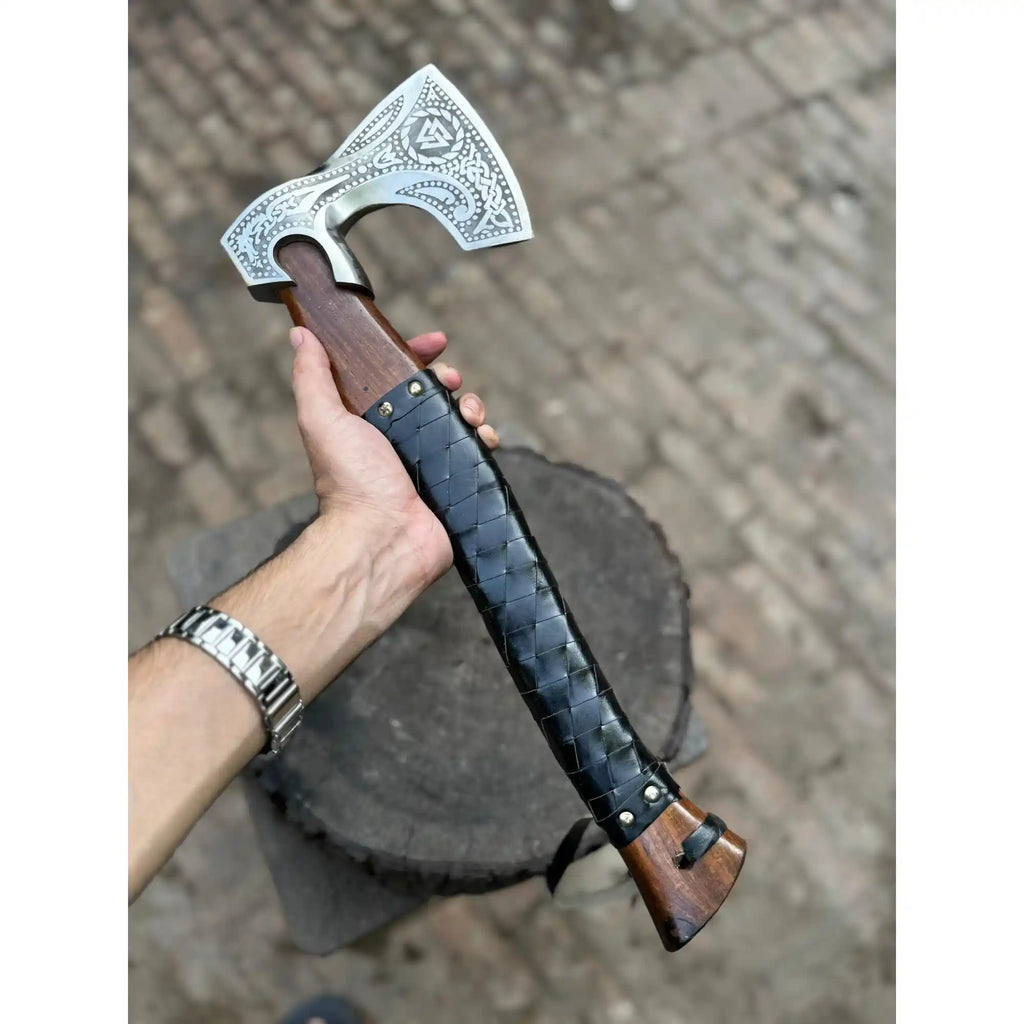 Viking Axe with Leather Wrapped Handle & Engraved Head – JW SteelCrafts