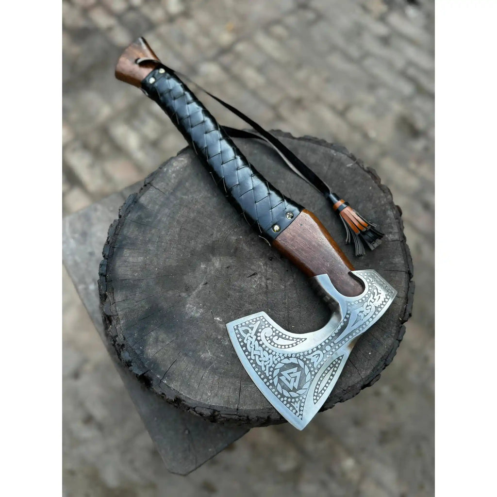 Viking Axe with Leather Wrapped Handle & Engraved Head – JW SteelCrafts