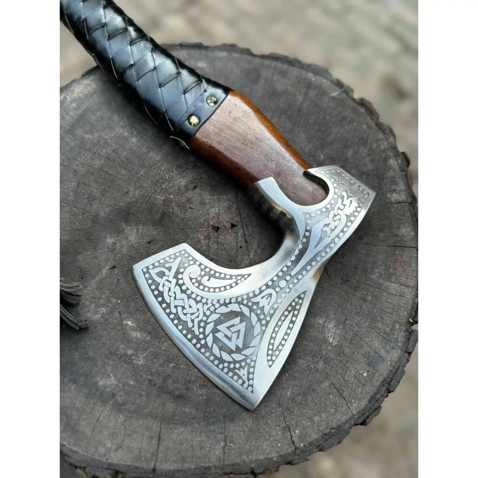 Viking Axe with Leather Wrapped Handle & Engraved Head – JW SteelCrafts