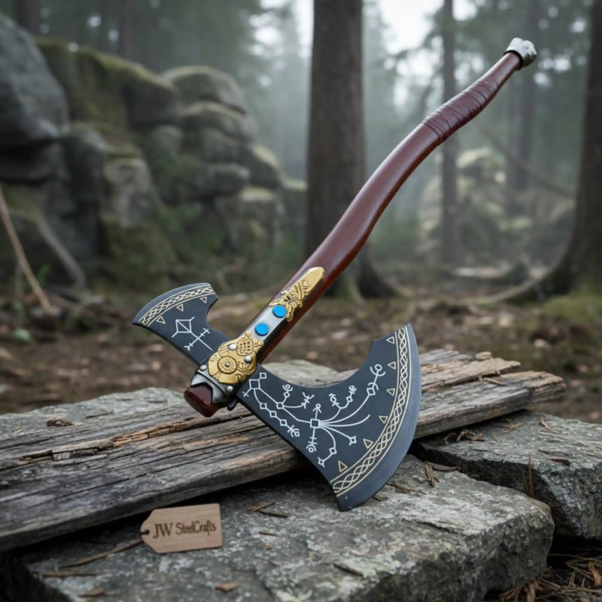 Hand Forged Viking Fantasy Double-Bit Axe with Norse Engraving, Gold Handle Fittings and Blue Gemstone Inlays