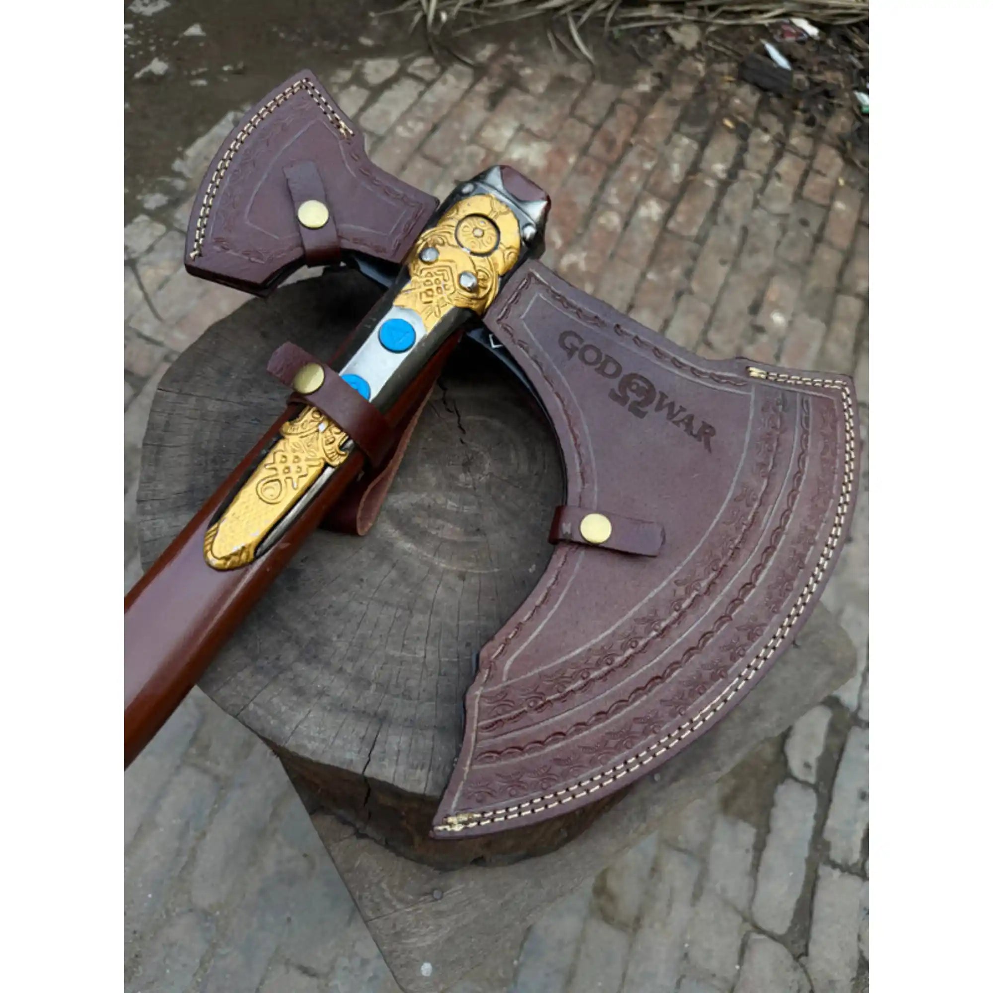 Hand Forged Viking Fantasy Double-Bit Axe with Norse Engraving, Gold Handle Fittings and Blue Gemstone Inlays