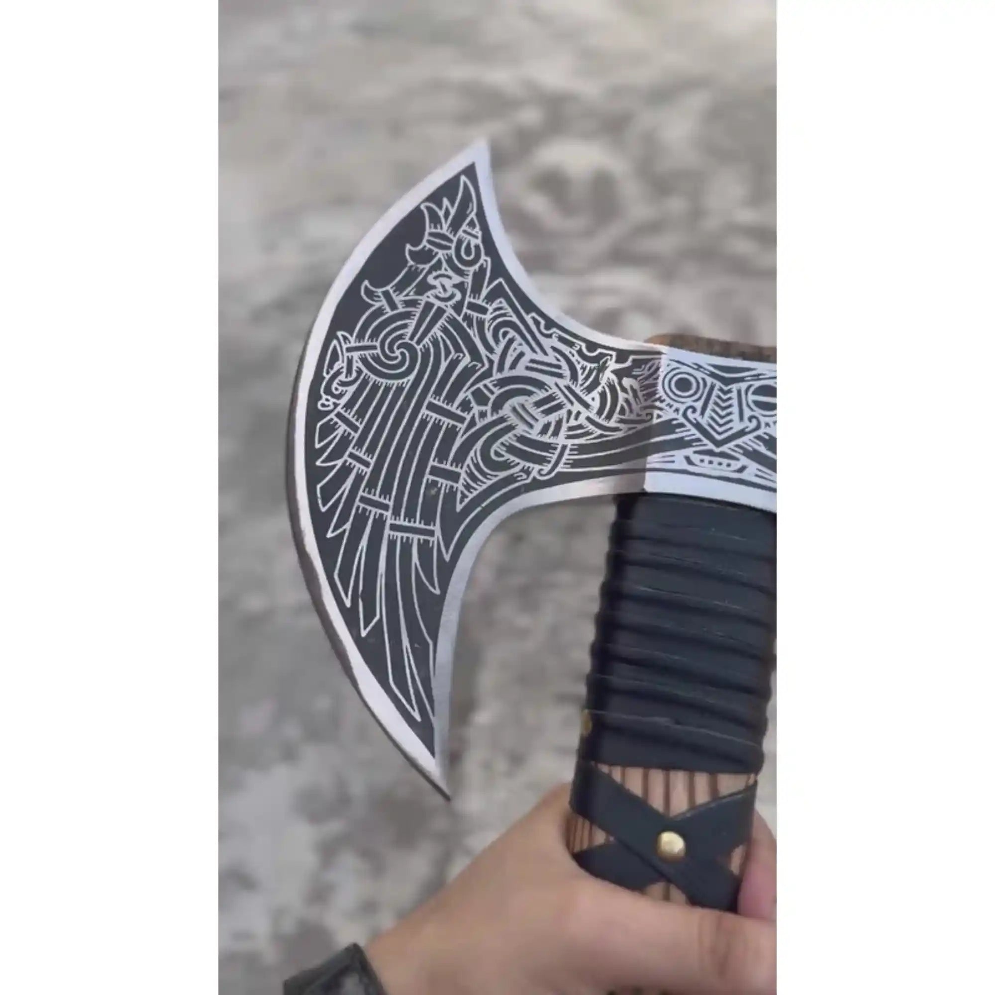Hand Engraved Double Headed Viking Axe with Nordic Knotwork and Leather Wrapped Handle