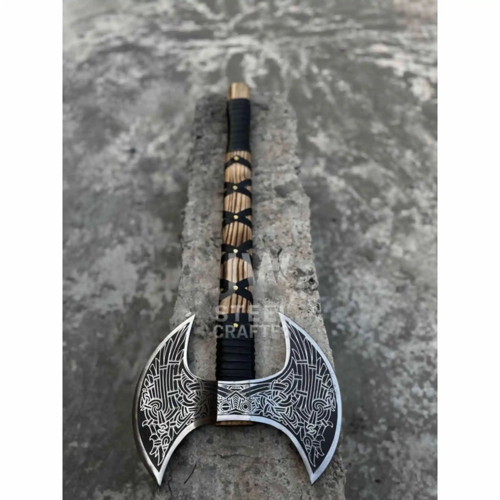 Hand Engraved Double Headed Viking Axe with Nordic Knotwork and Leather Wrapped Handle