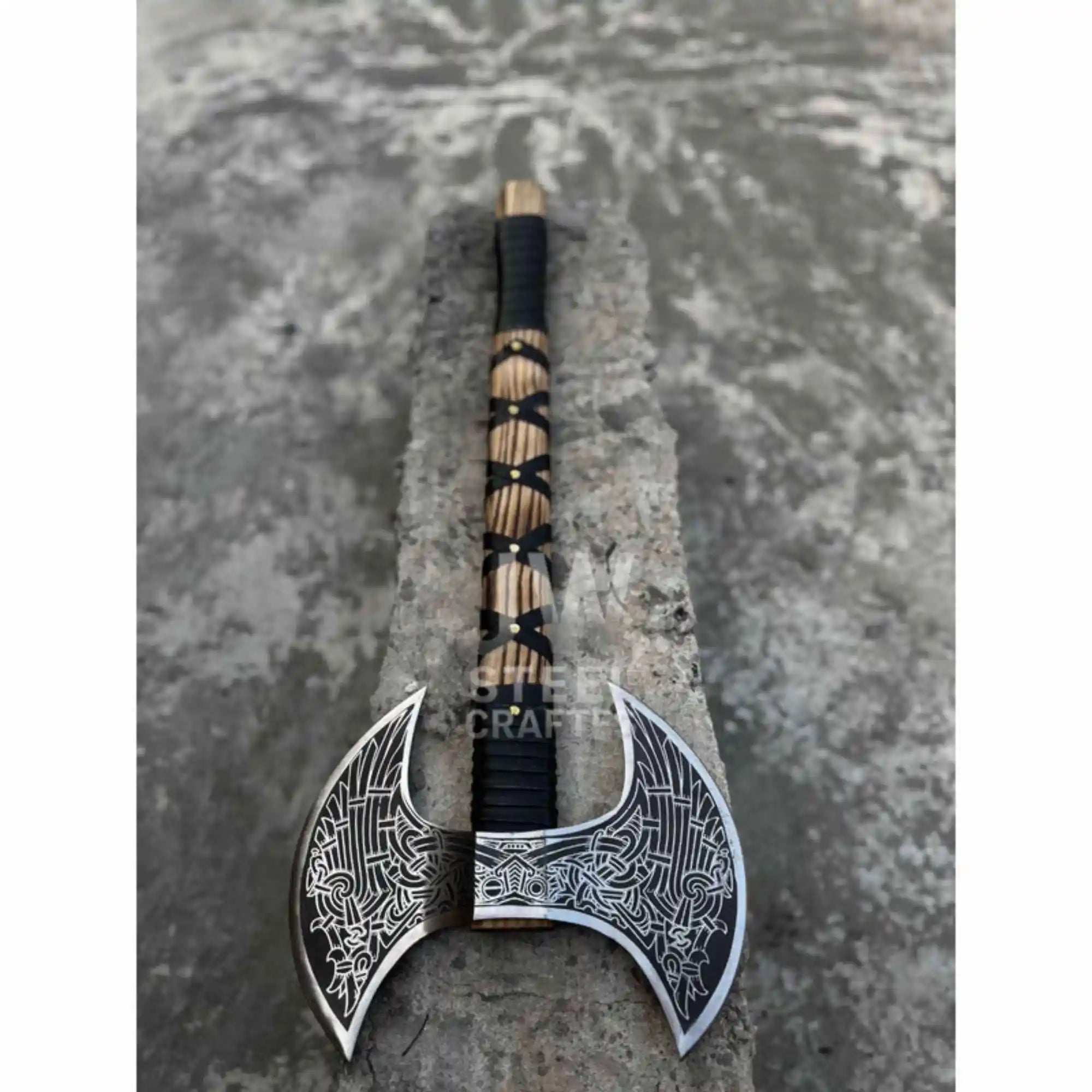Hand Engraved Double Headed Viking Axe with Nordic Knotwork and Leather Wrapped Handle