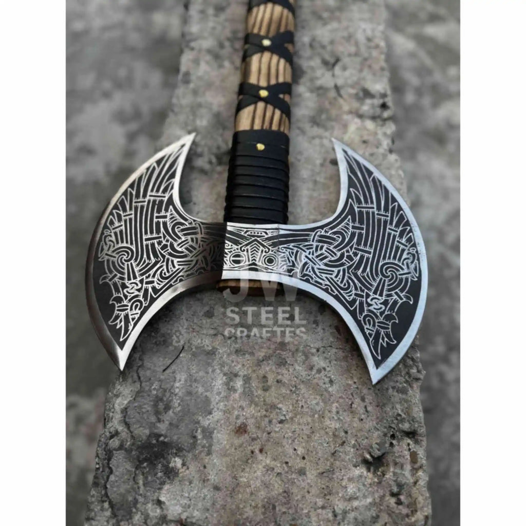 Hand Engraved Double Headed Viking Axe with Nordic Knotwork and Leather Wrapped Handle