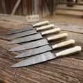 Artisan 6-Piece Damascus Steak Knife Set — Full Tang, Steel Bolsters, Camel Wood Handles
