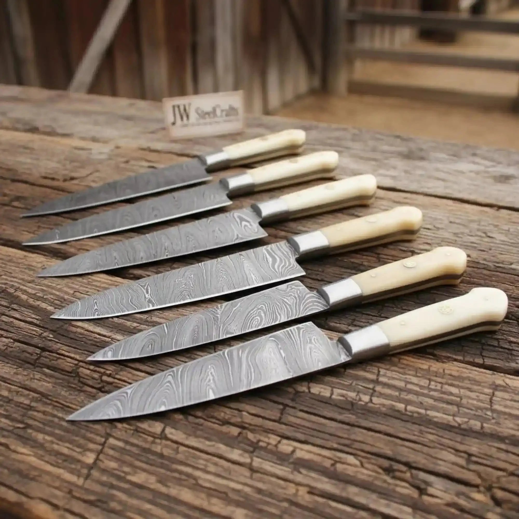 Artisan 6-Piece Damascus Steak Knife Set — Full Tang, Steel Bolsters, Camel Wood Handles