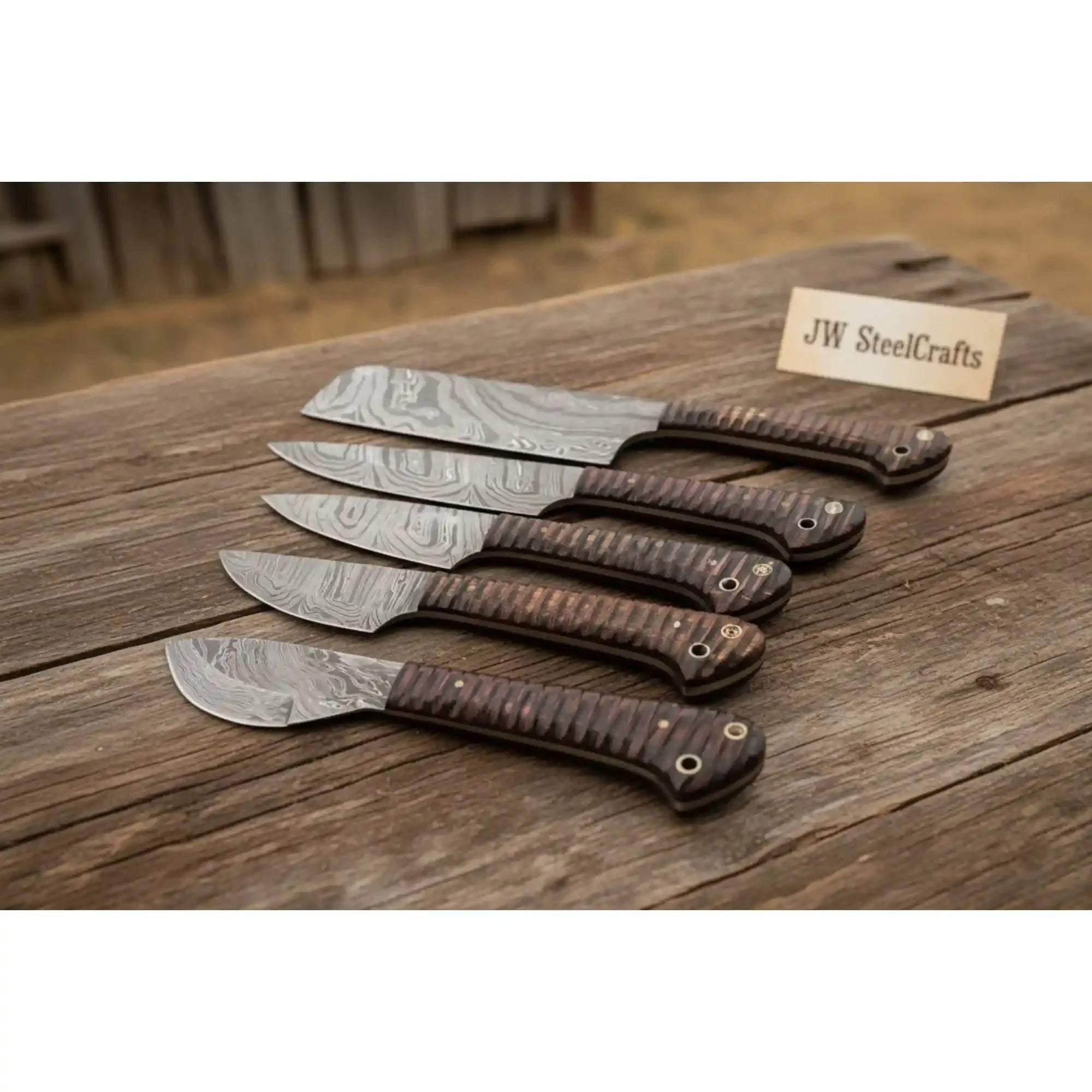 Artisan Damascus Kitchen Knife Collection with Textured Wood Handles