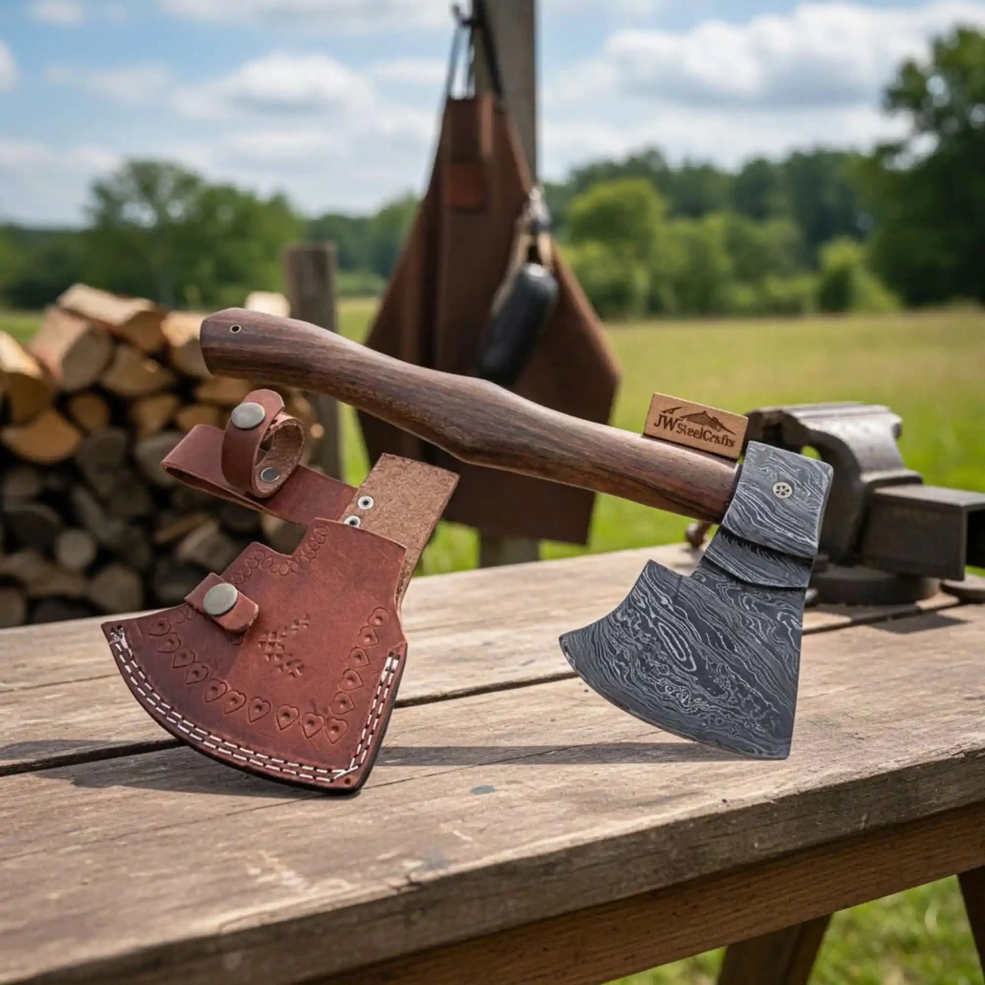 Backcountry Survival Hatchet — Artisan Damascus Edge with Premium Wood Grip