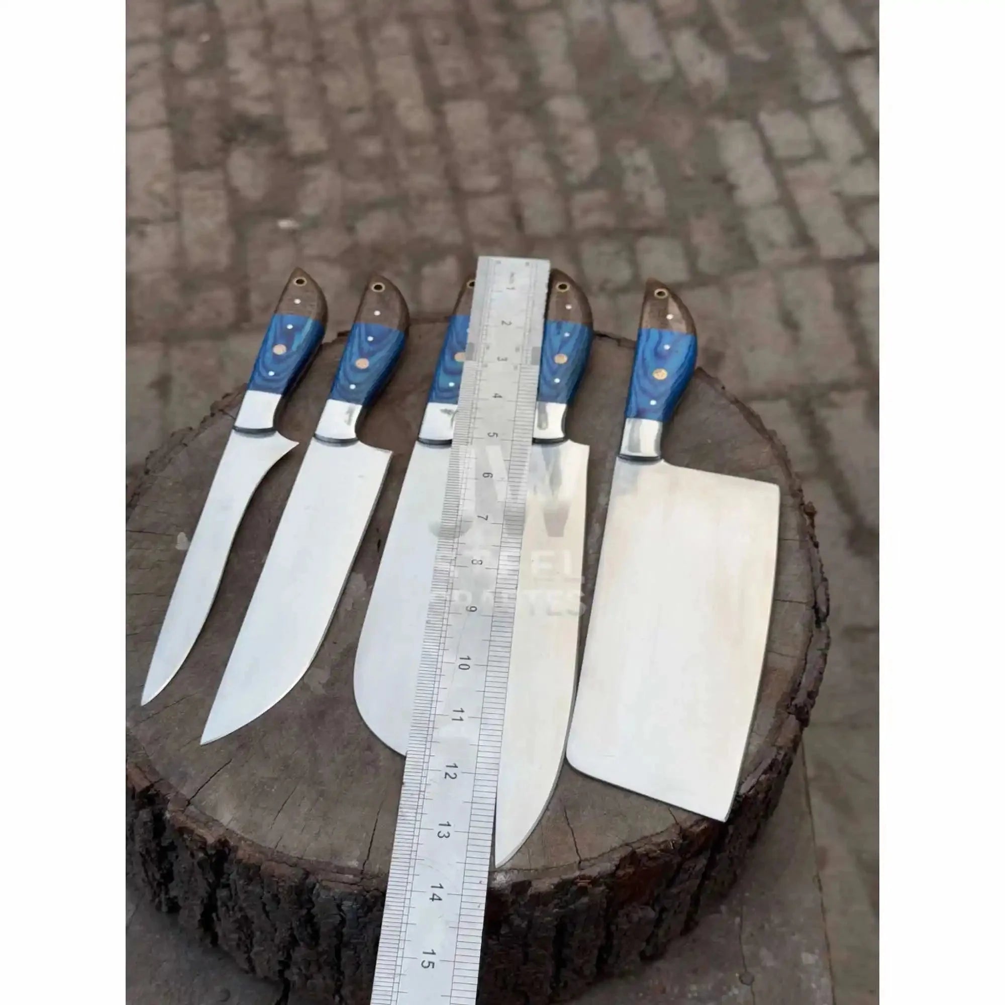 Blue Wood Damascus Chef Knife Set: 5-Piece Handmade Collection