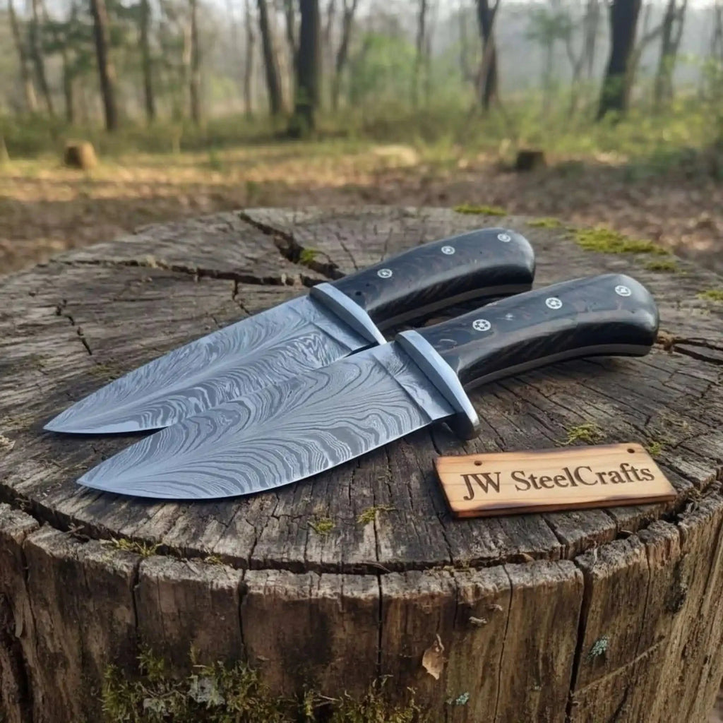 Bowie Knife Feather Damascus Blade Pinecone Handle Fixed Blade Hunting Knife