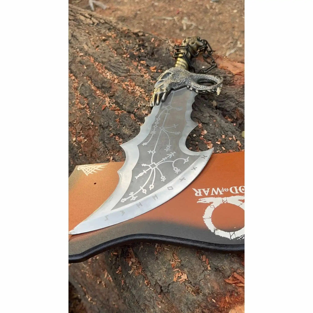 Chaos Inspired Recurve Bowie Knife with Rune Engraving and Dragon Guard