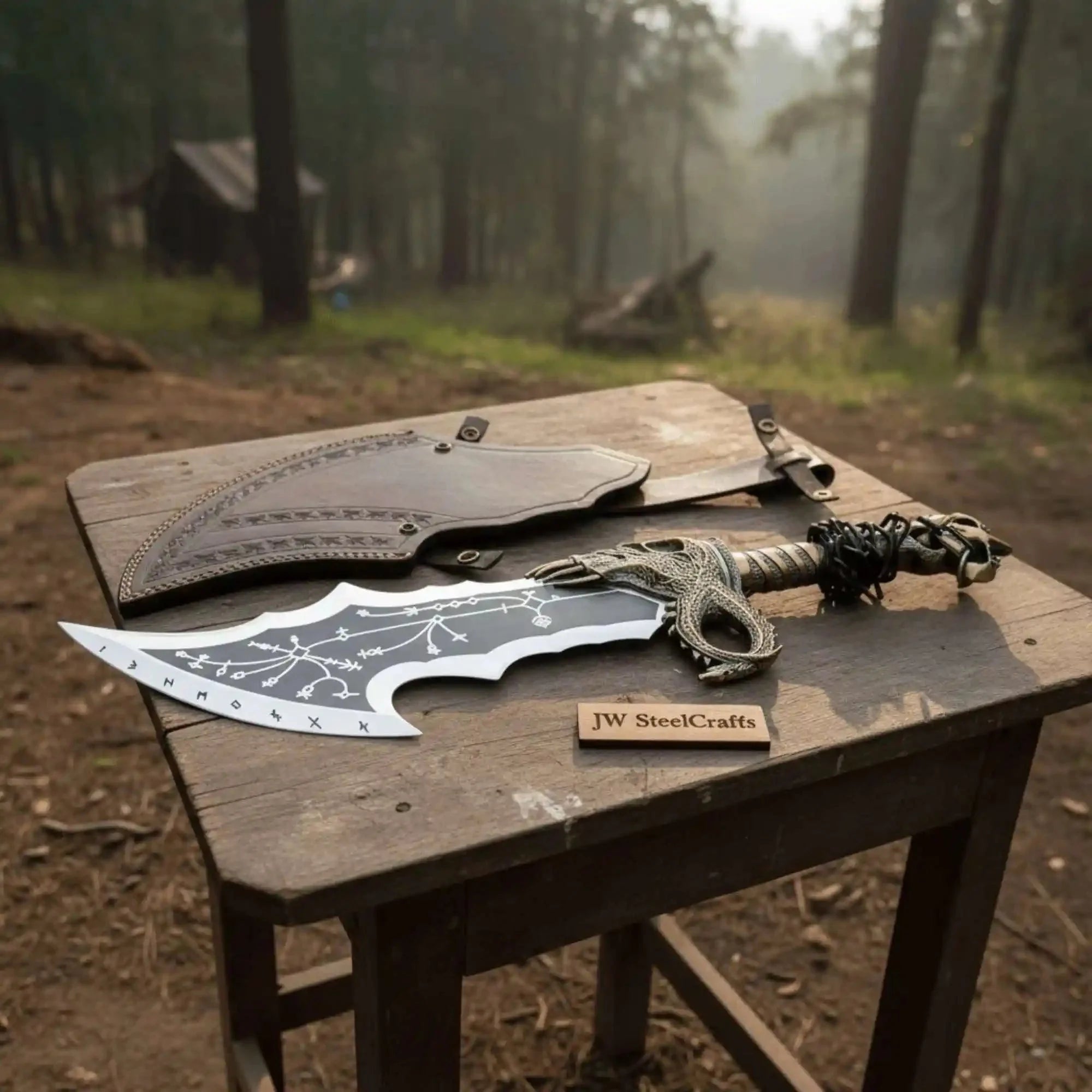 Chaos Inspired Recurve Bowie Knife with Rune Engraving and Dragon Guard