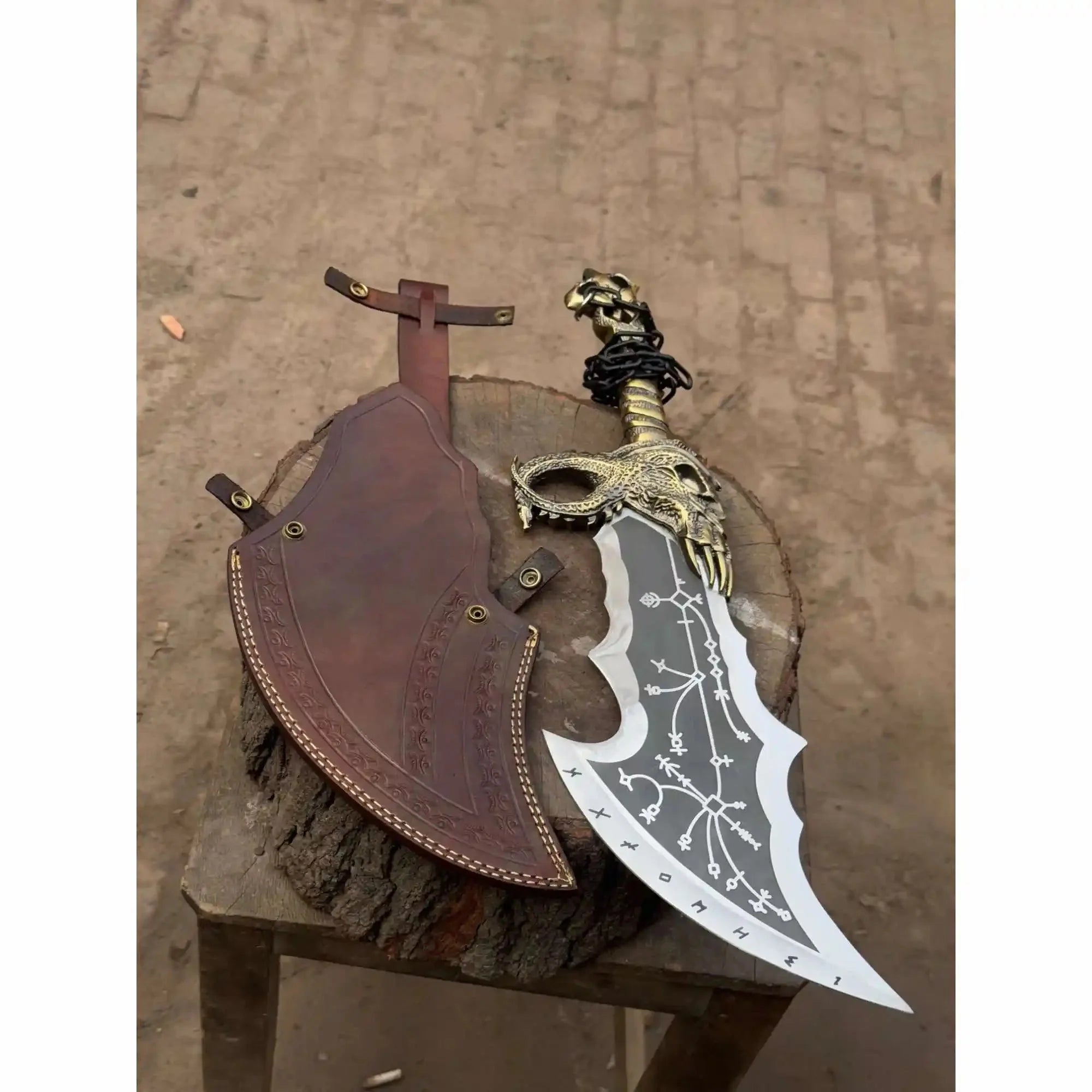 Chaos Inspired Recurve Bowie Knife with Rune Engraving and Dragon Guard