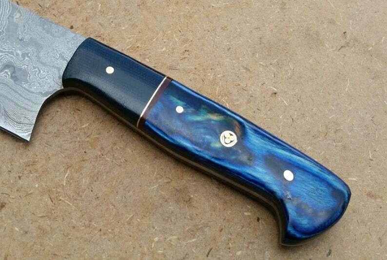 Chef Knife, Raindrop Pattern Damascus Steel Blade, Blue Resin and Black Wood Handle, Full Tang Professional Kitchen Knife, JW SteelCrafts