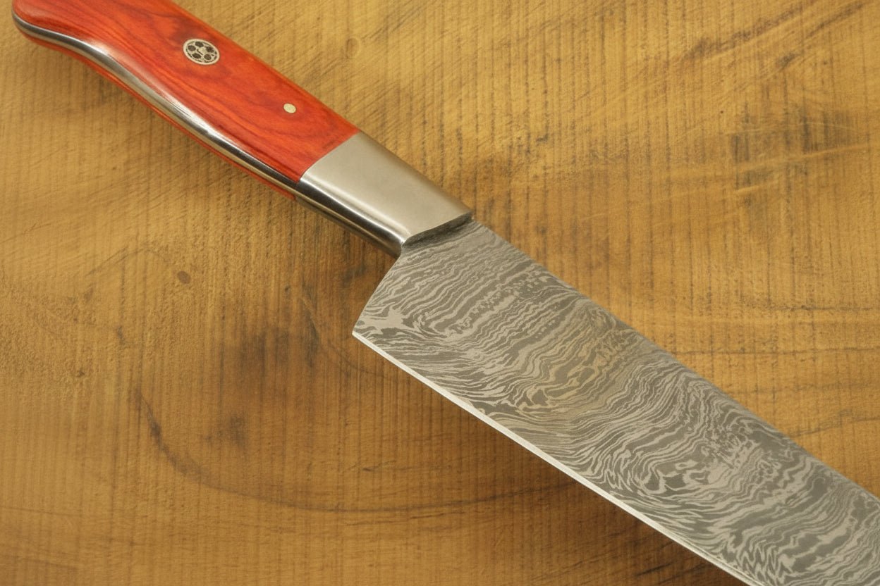 Damascus Steel Chef Knife, Orange Dyed Wood Handle, Full Tang Blade by JW SteelCrafts
