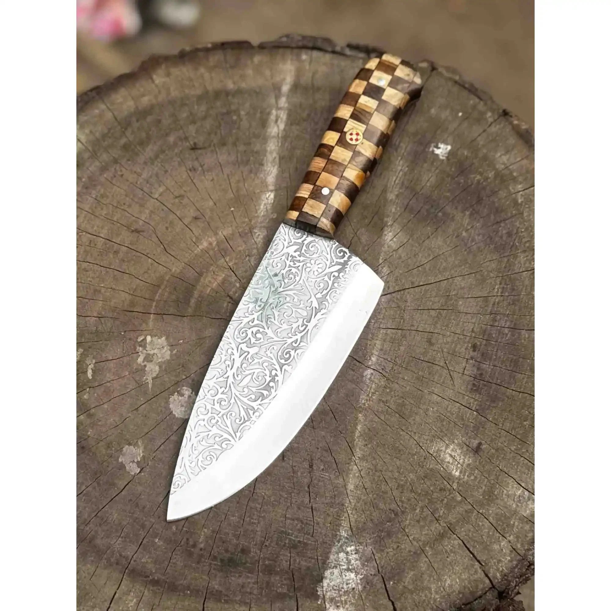 Chef Knife with Acid-Etched Blade – Red Micarta or Checker Wood Handle