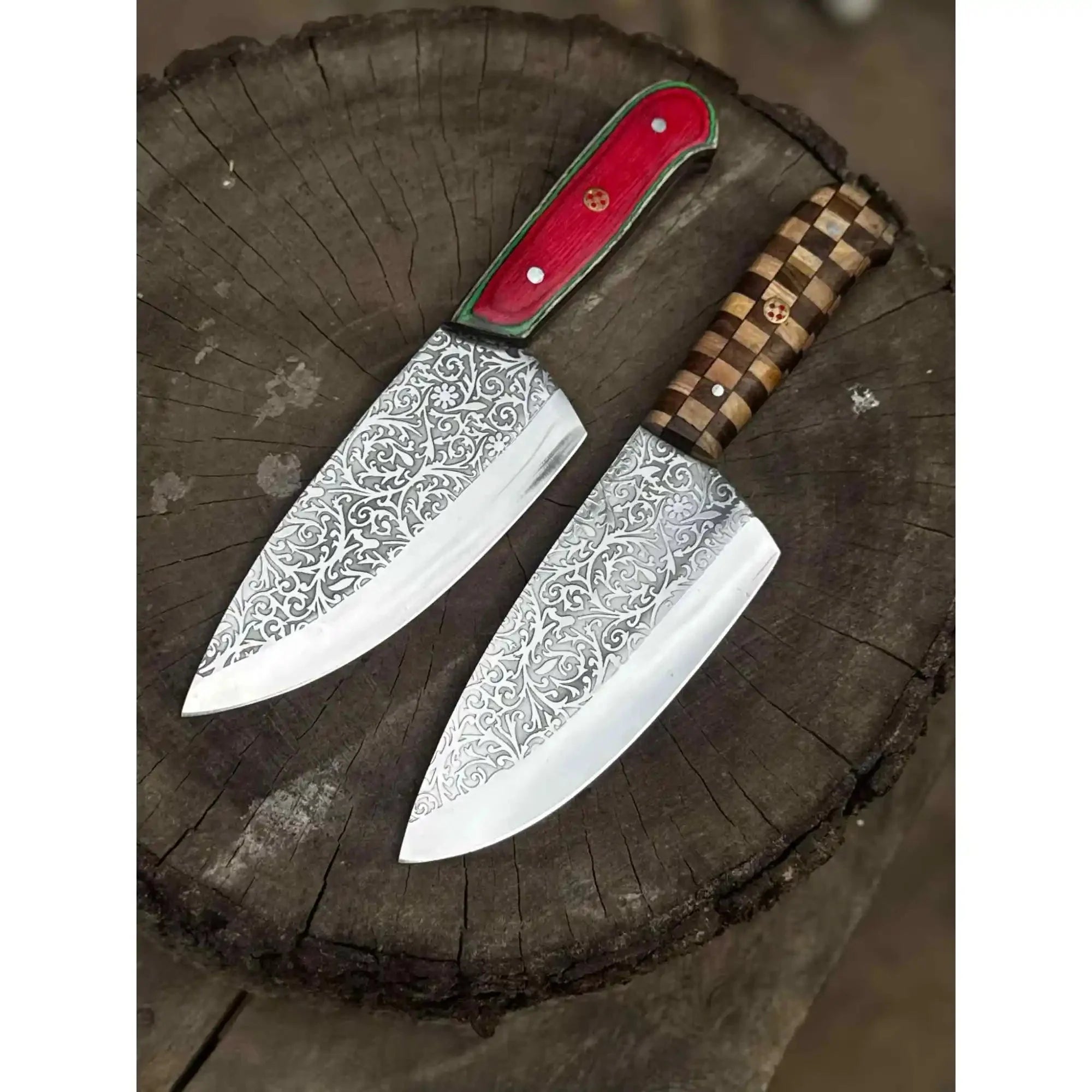 Chef Knife with Acid-Etched Blade – Red Micarta or Checker Wood Handle