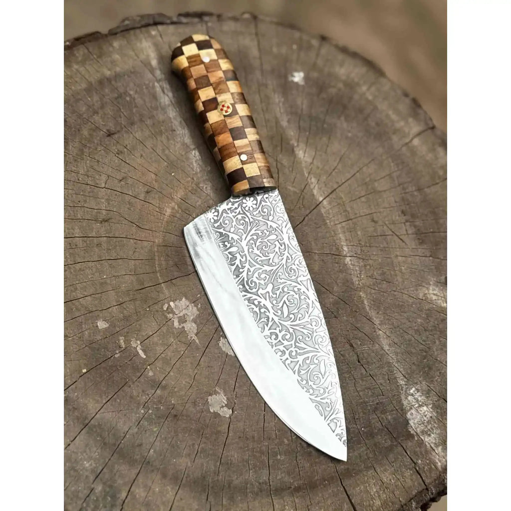Chef Knife with Acid-Etched Blade – Red Micarta or Checker Wood Handle