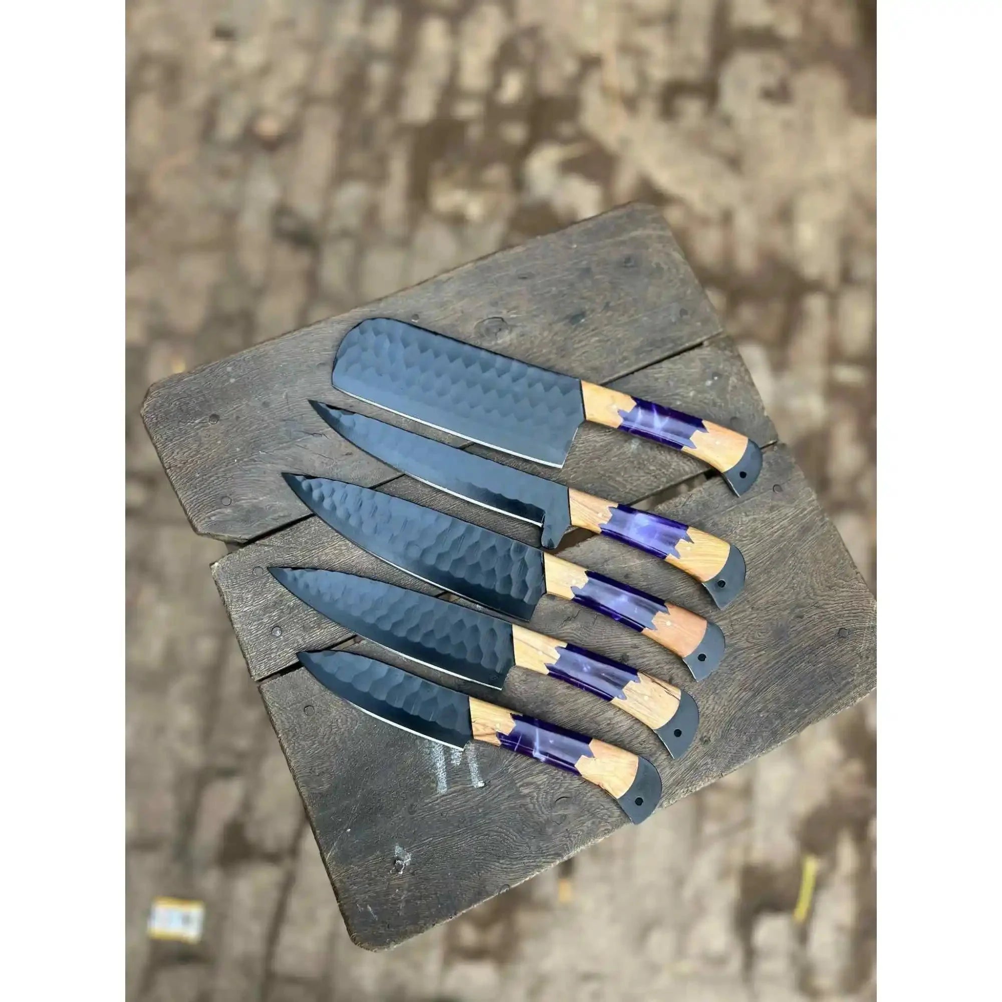 5-Piece Hand-Forged Chef Knives Set – Black Blades, Purple Resin & Olive Wood Handles