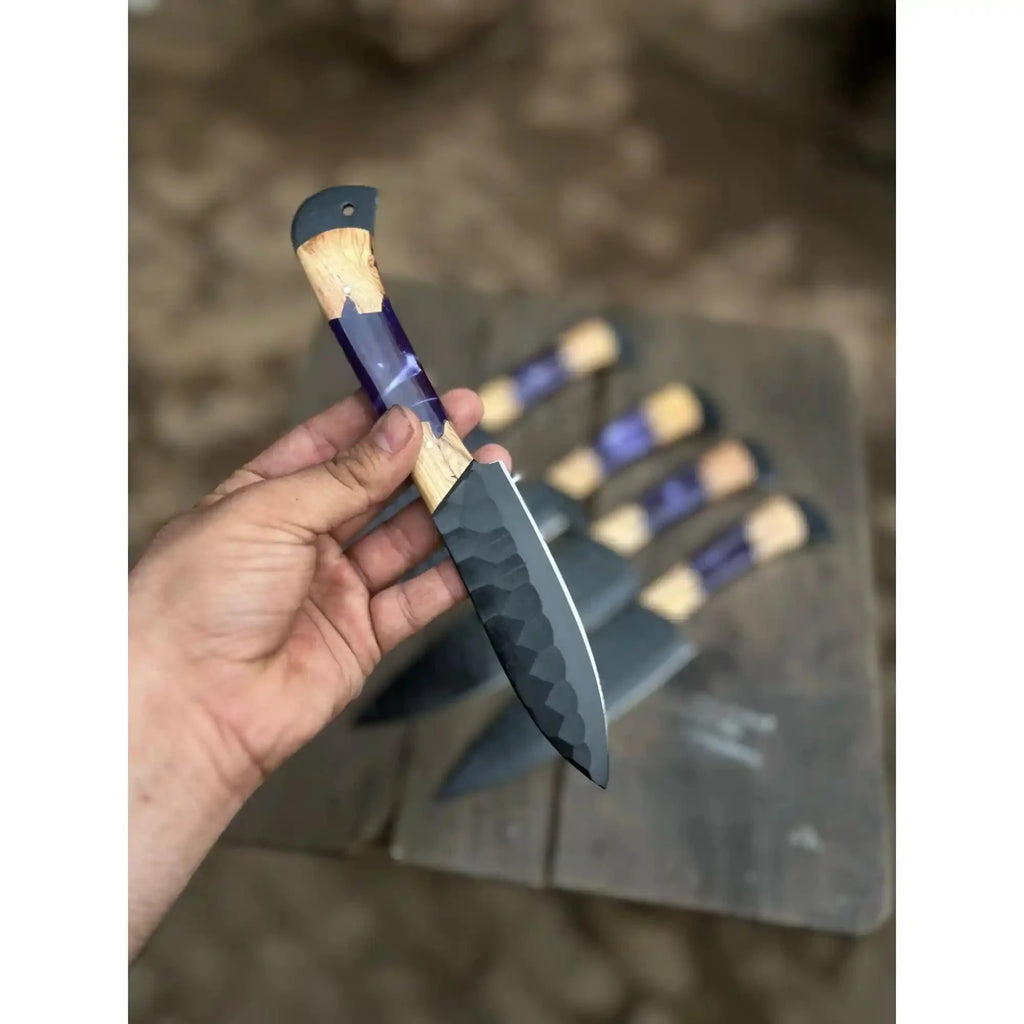 5-Piece Hand-Forged Chef Knives Set – Black Blades, Purple Resin & Olive Wood Handles