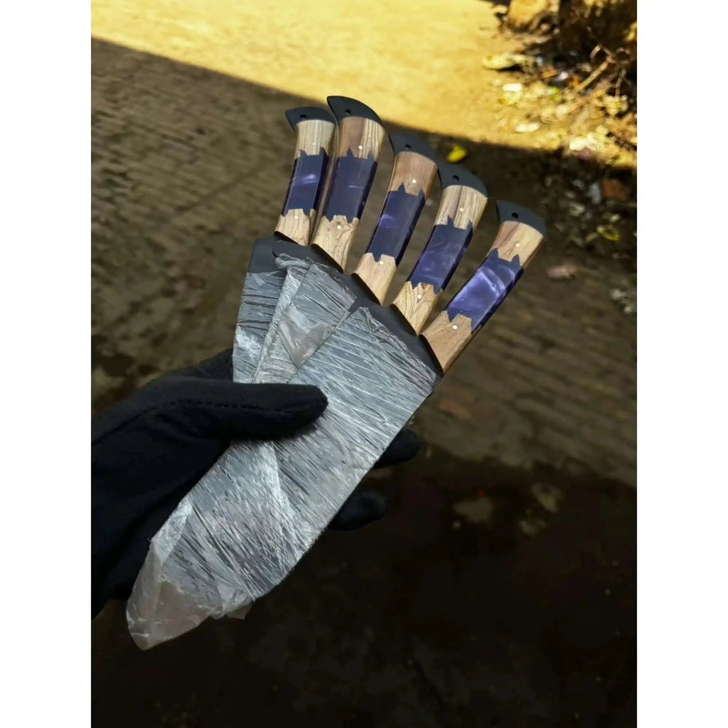 5-Piece Hand-Forged Chef Knives Set – Black Blades, Purple Resin & Olive Wood Handles