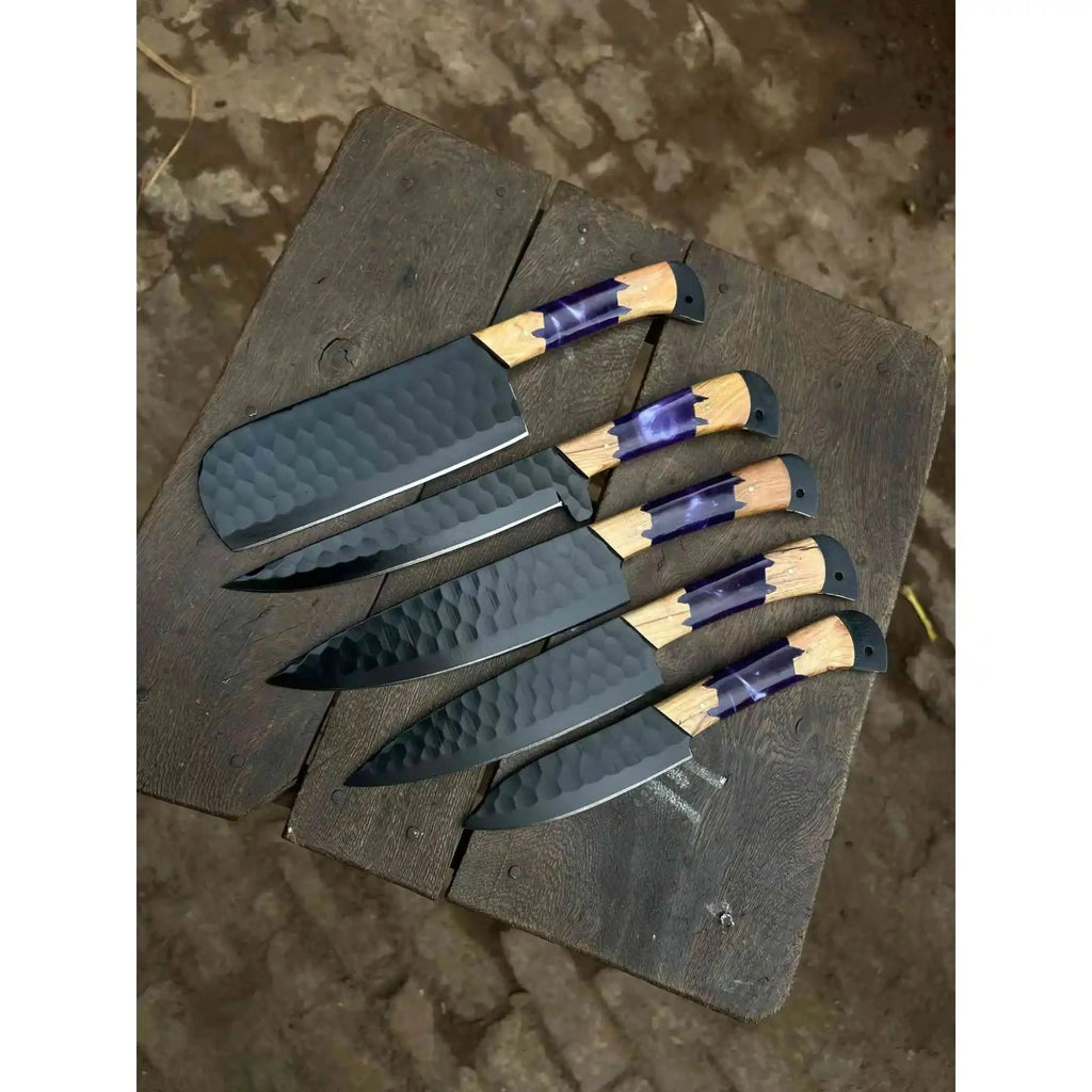 5-Piece Hand-Forged Chef Knives Set – Black Blades, Purple Resin & Olive Wood Handles