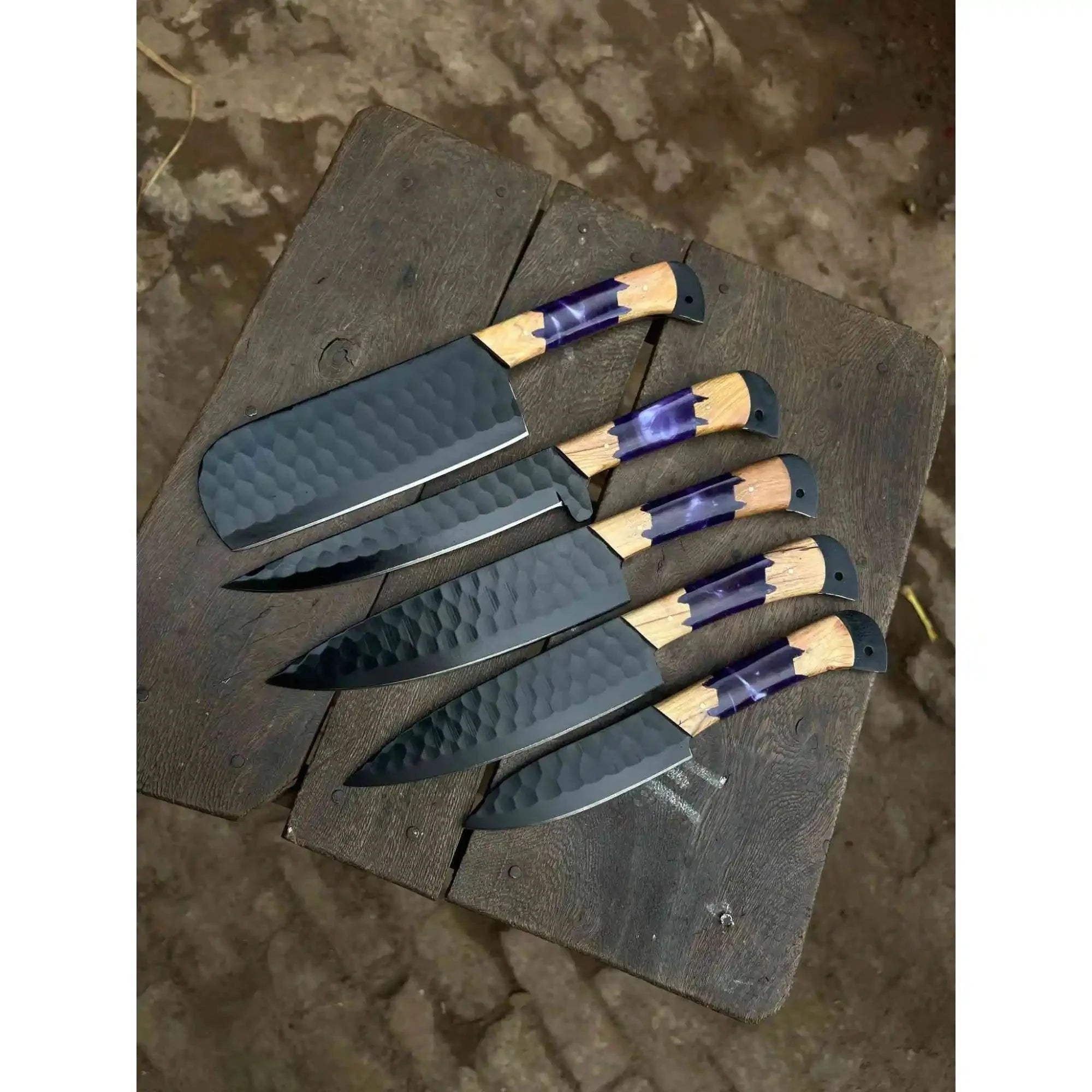 5-Piece Hand-Forged Chef Knives Set – Black Blades, Purple Resin & Olive Wood Handles