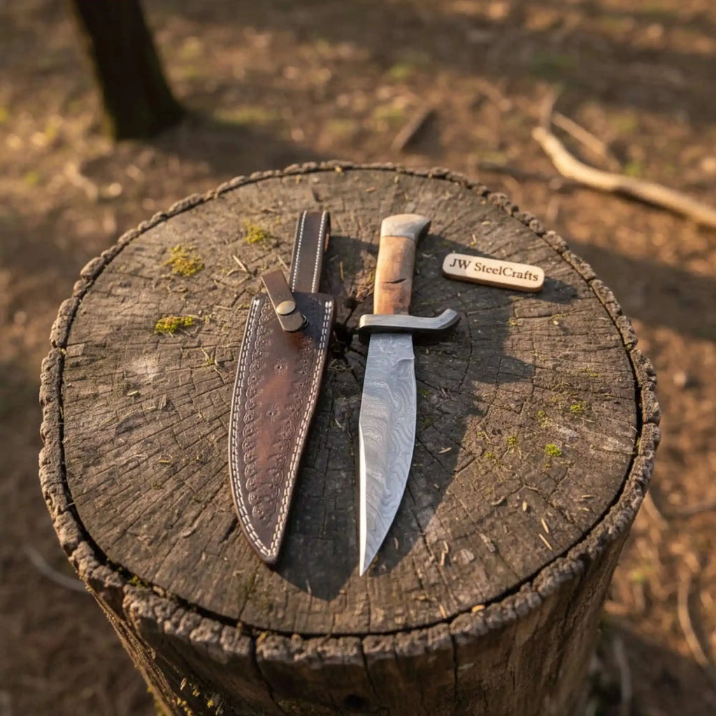 Classic Jim Bowie Style Damascus Steel Bowie Knife, Hand Forged Clip Point Blade, Damascus Guard, Walnut Wood Handle, Full Tang Fixed Blade with Leather Sheath by JW SteelCrafts