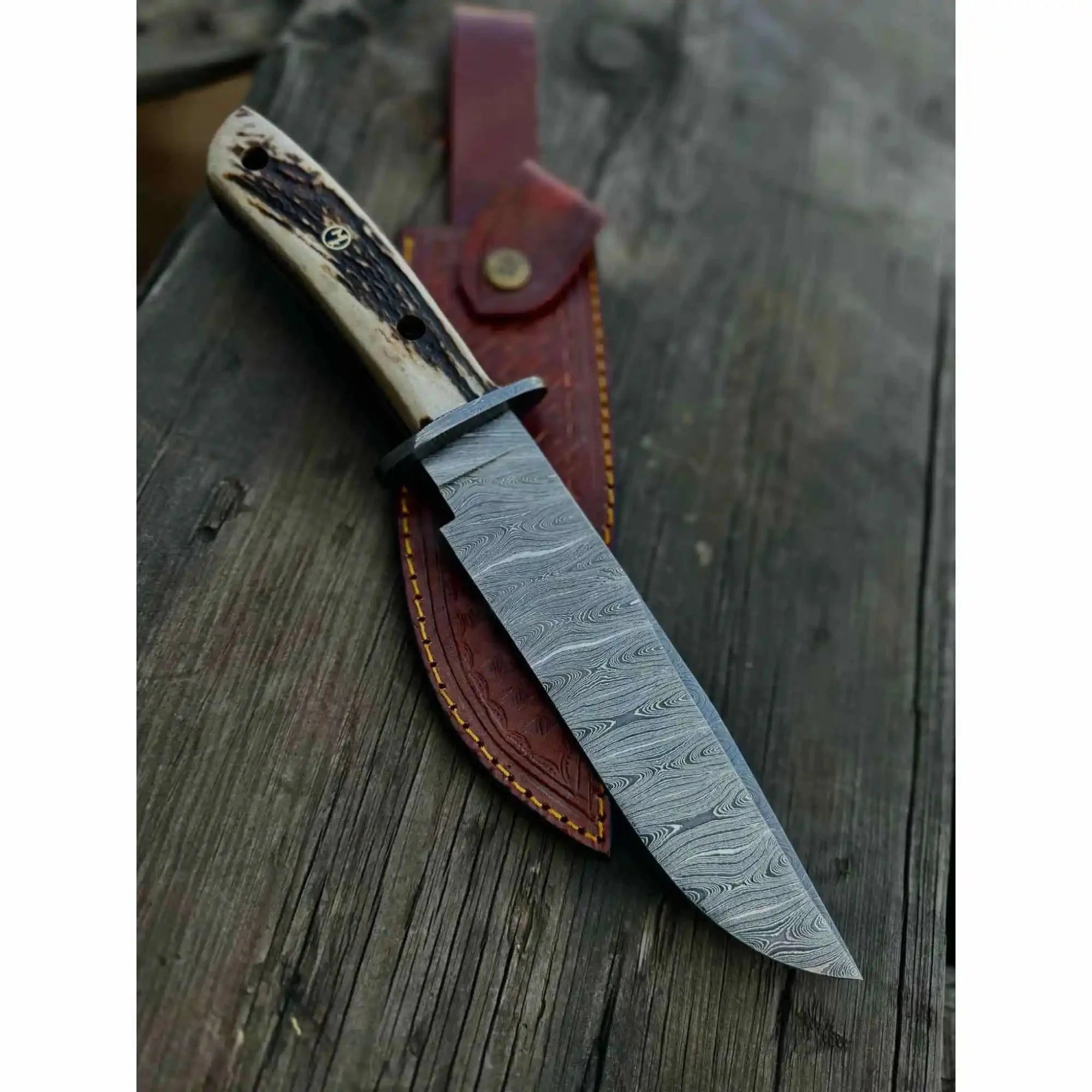 Stag Handle Damascus Hunting Knife Handmade Bowie Knife
