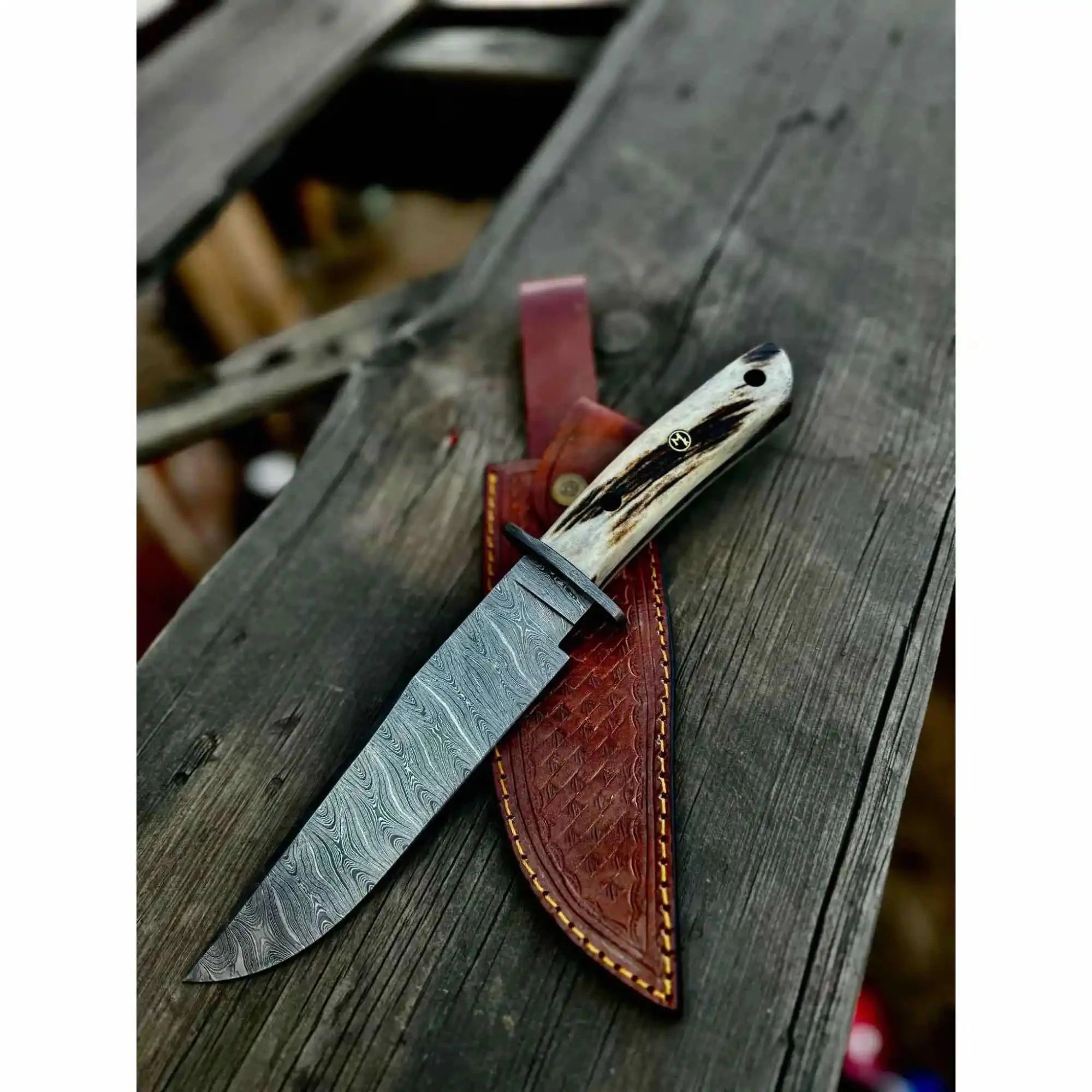 Stag Handle Damascus Hunting Knife Handmade Bowie Knife