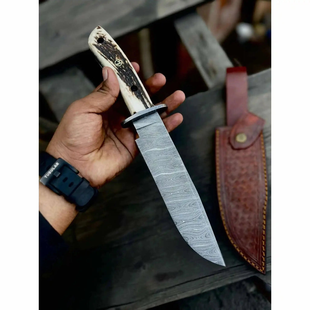 Stag Handle Damascus Hunting Knife Handmade Bowie Knife