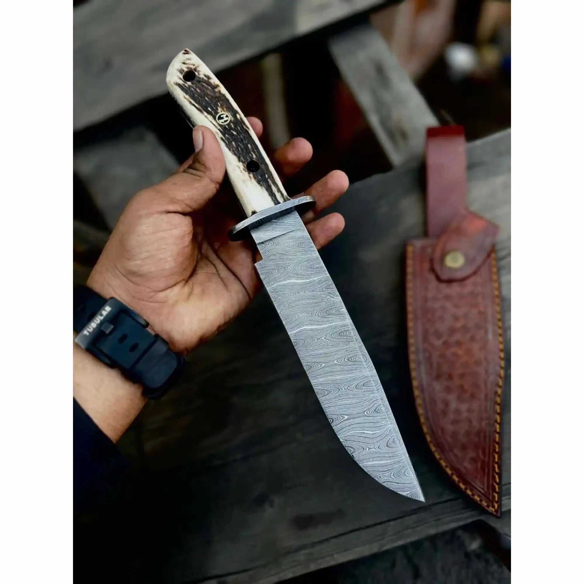 Stag Handle Damascus Hunting Knife Handmade Bowie Knife