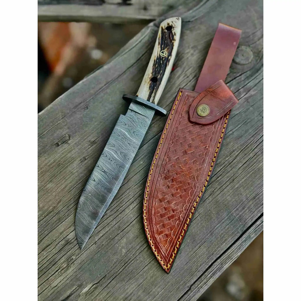 Stag Handle Damascus Hunting Knife Handmade Bowie Knife