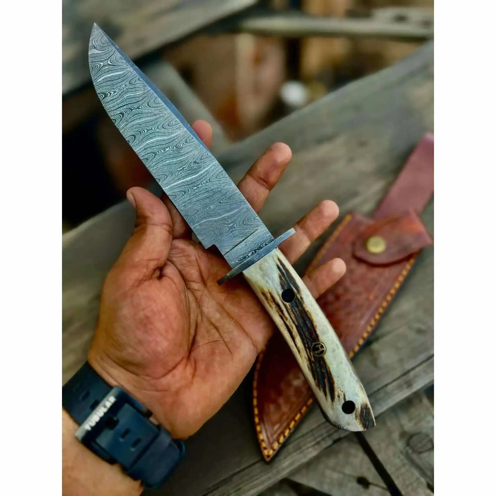 Stag Handle Damascus Hunting Knife Handmade Bowie Knife